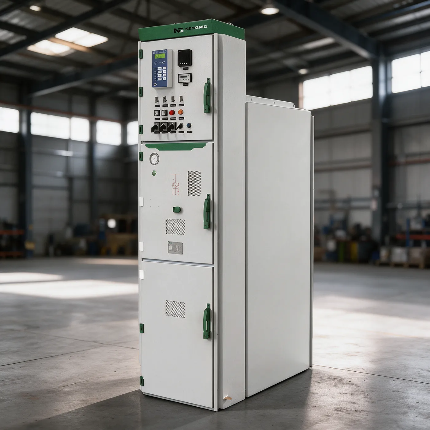 Switchgear aislado en gas Nexgrid MAX-12 Series en una bodega industrial; ambientación creada a partir de la fotografía del folleto