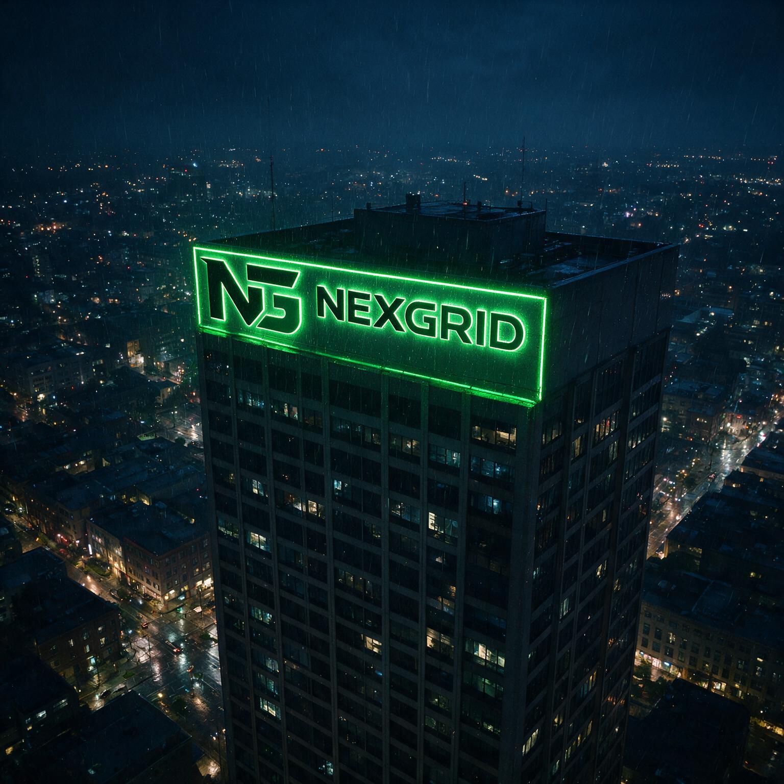 Edificio corporativo Nexgrid iluminado sobre la ciudad