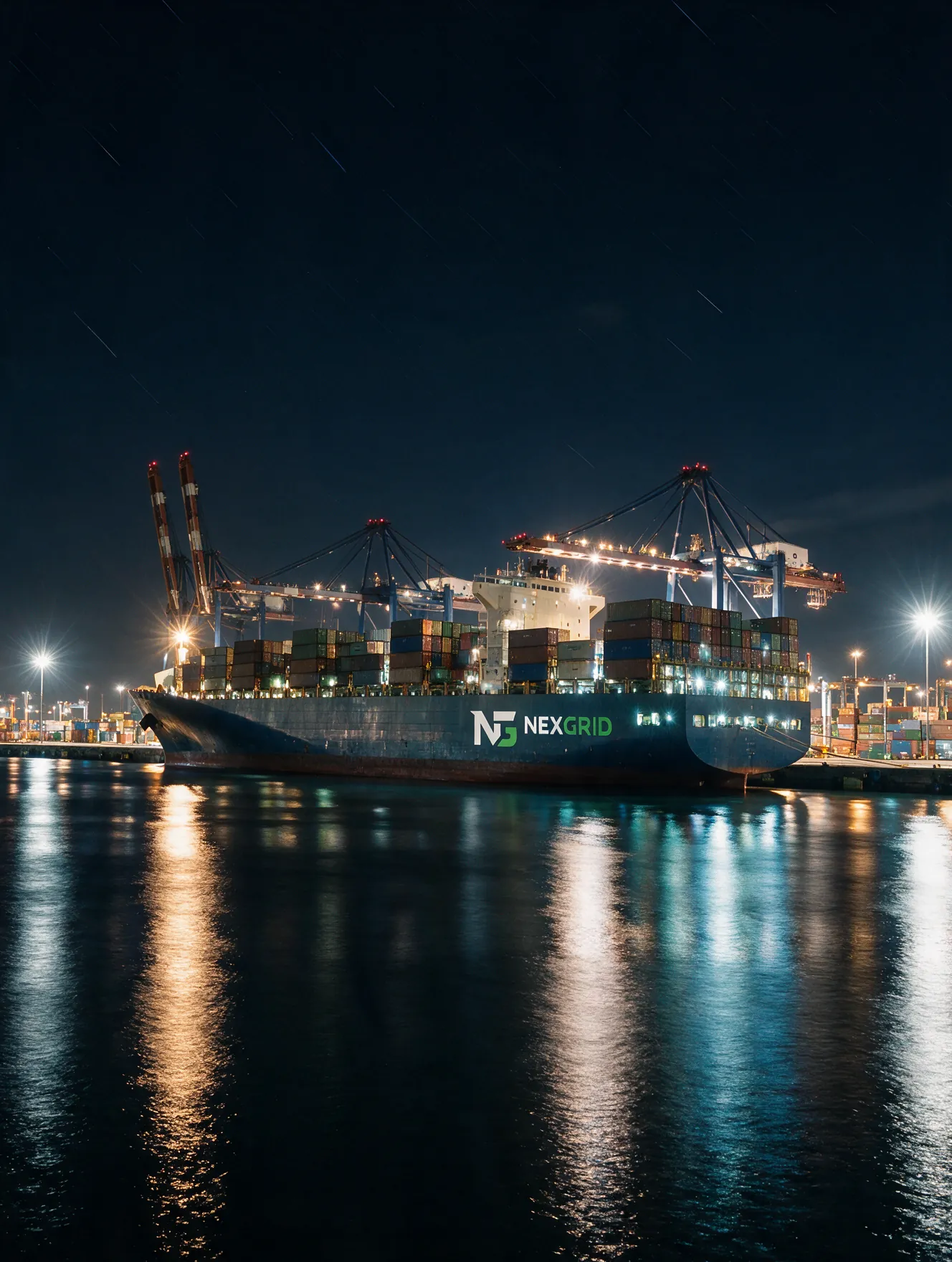 Barco de carga Nexgrid en un puerto de noche